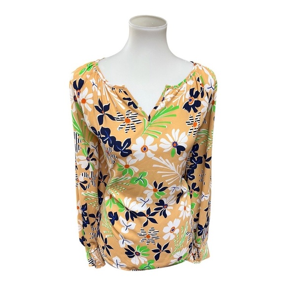 NWOT Cabi Island Mod Floral Style #6296 Blouse Tangerine Green Black White - Picture 1 of 7
